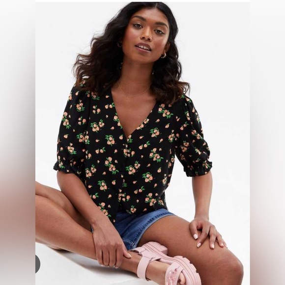 New Look peach print black button up top size uk 14 - Picture 2 of 6